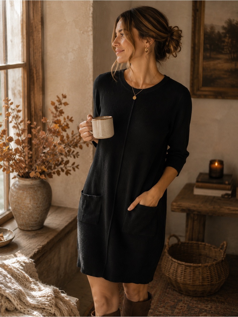 ALFRED SUNG | 100% Cotton Sweater Dress | Black Ribbed Pocket Dress | Fall Dress